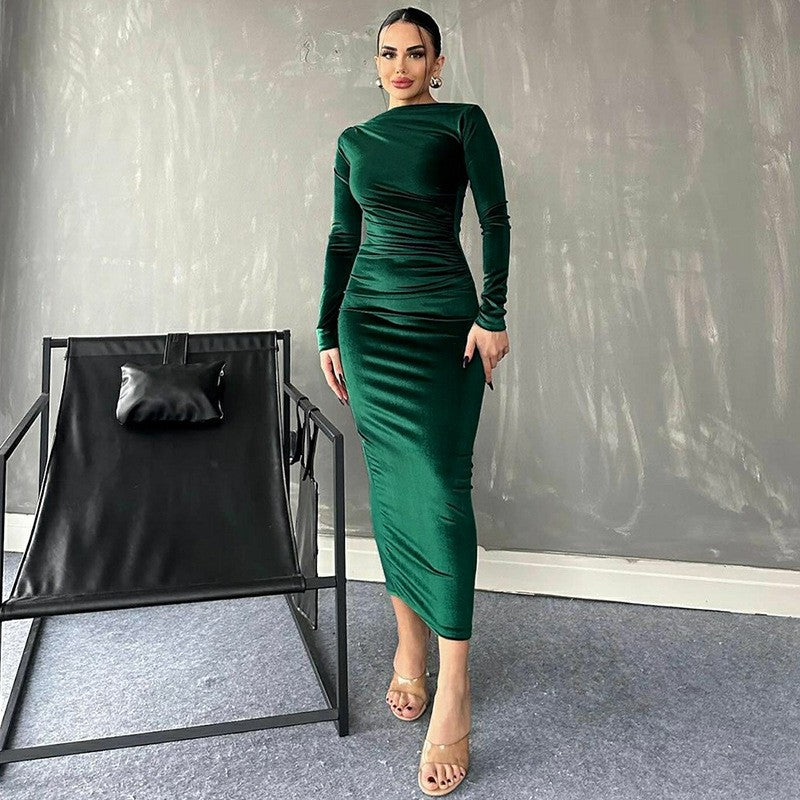 Dulzura 2024 Spring Summer Velvet Long Sleeve Midi Dress For Women Ruched Long D