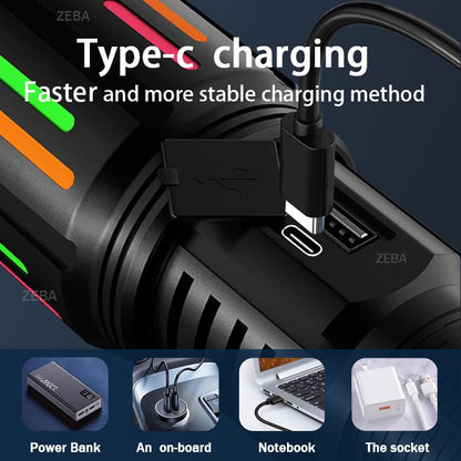 Super Powerful LED Flashlight 1000000LM High Power Torch Strong Light 800W Led Flash Light Rechargeable Hunting Tactical Lantern