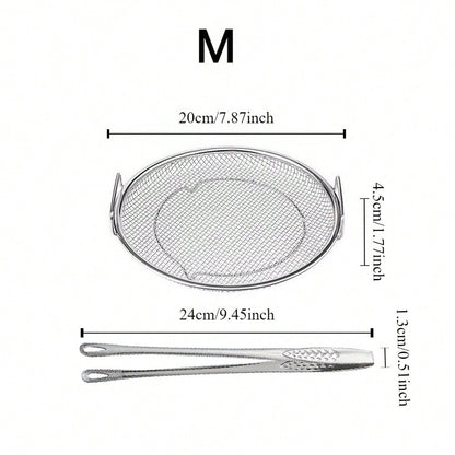 Stainless Steel Mesh Strainer Basket with Barbecue Tongs Multi-Functional Filter Drain Tray for Fried Foods Desserts Vegetables