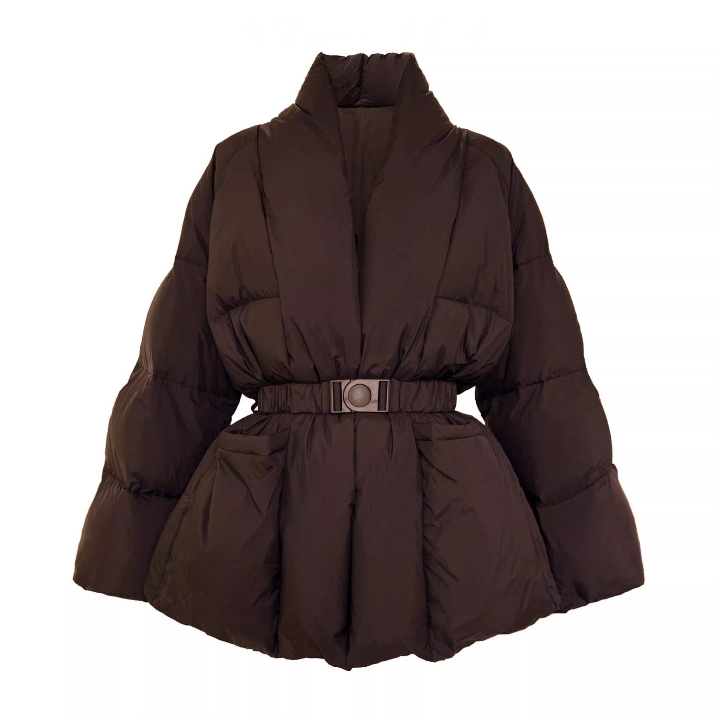 Lagabogy 2025 Winter Belt Waist-Tight Elegant Warm 90% White Duck Down Jacket Female Long Sleeve Solid Color V-neck Puffer Coat