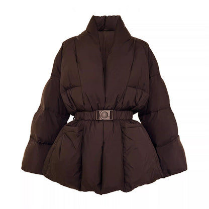 Lagabogy 2025 Winter Belt Waist-Tight Elegant Warm 90% White Duck Down Jacket Female Long Sleeve Solid Color V-neck Puffer Coat