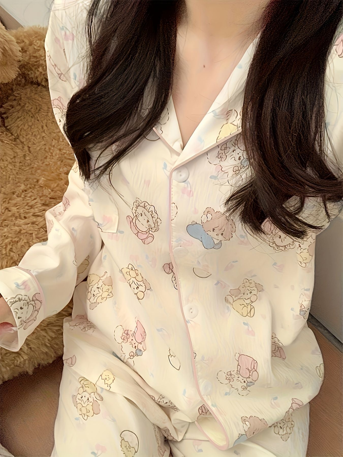 2-Piece New Women's High-Aesthetic Pajama Set for Autumn & Winter - INS-Style, Cartoon Bear Print, Fresh & Sweet, Top Choice for