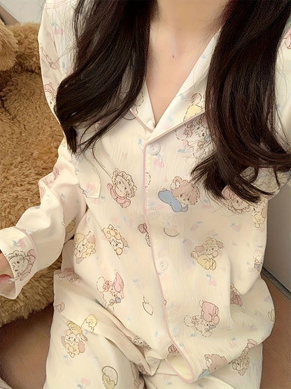 2-Piece New Women's High-Aesthetic Pajama Set for Autumn & Winter - INS-Style, Cartoon Bear Print, Fresh & Sweet, Top Choice for