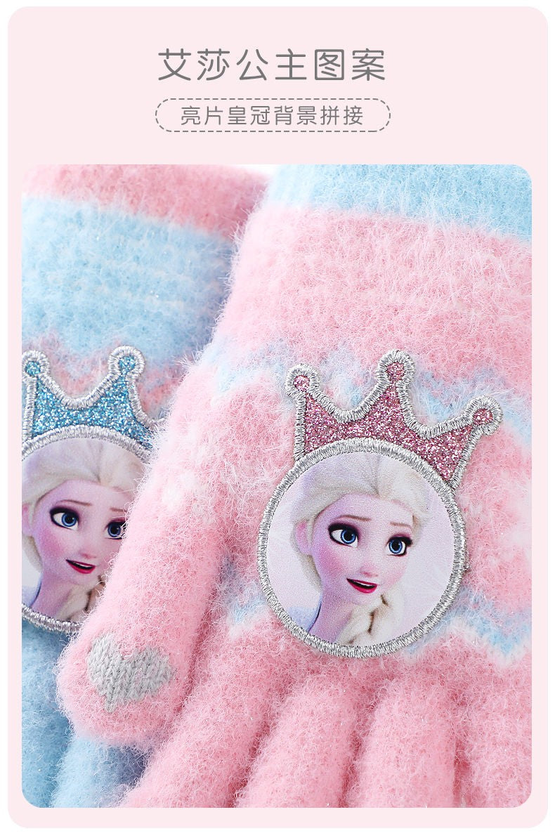 Disney Frozen Elsa desenho animado fofo e feminino coração outono e inverno luvas infantis grossas e quentes à prova de frio com dedos inteiros para atividades ao ar livre