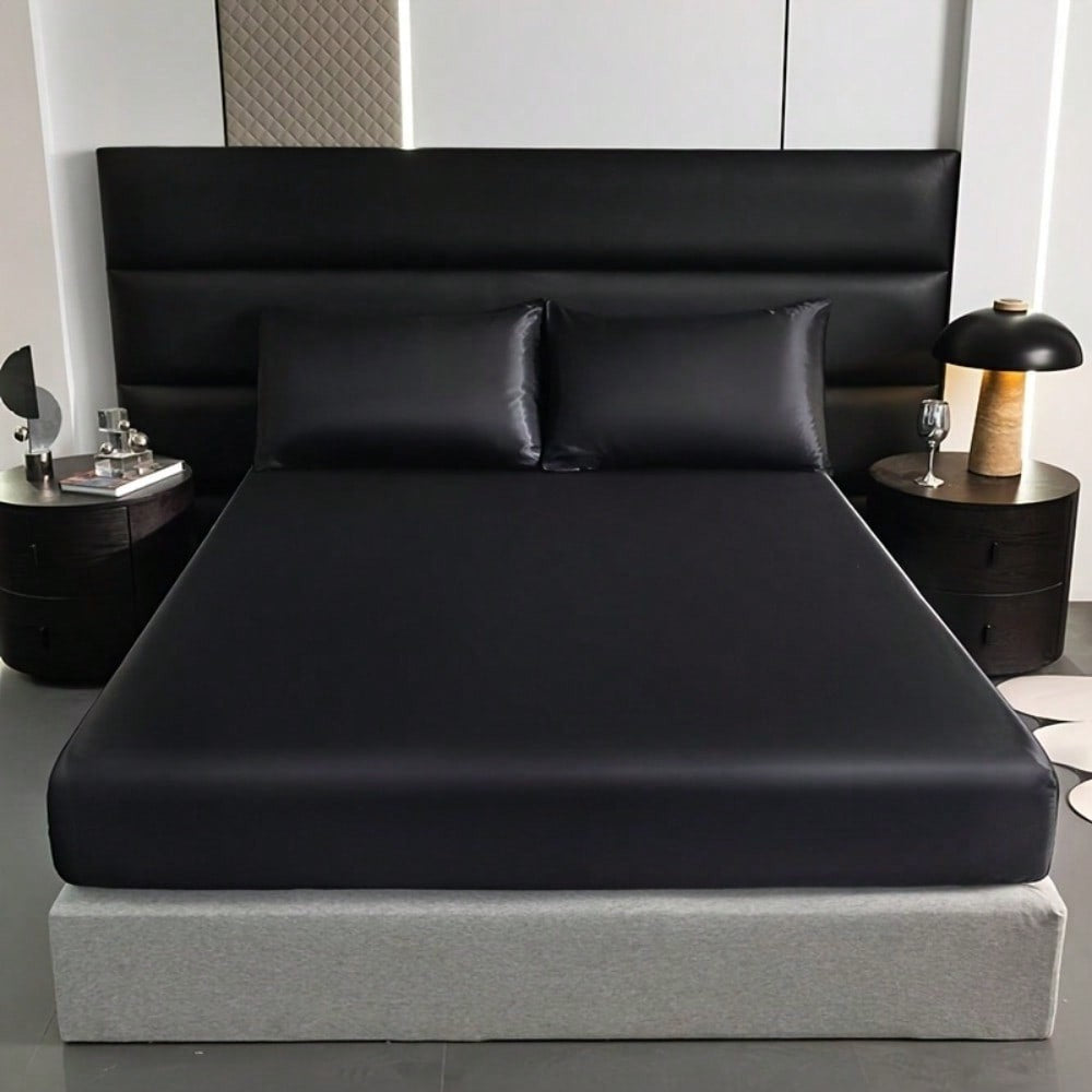 2/3pcs Luxurious Solid Silky Satin Fitted Sheet With Pillowcases For Soft And Comfortable Bedding,For Bedrooms And Guest Rooms