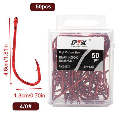 Anzóis de Pesca Vermelhos FTK 1/0-10# Iscas de Pesca com Farpa para Mar Haste Bico Porta-Isca Viva Jig de Pesca para Carpa Acessórios Anzóis de Minhoca
