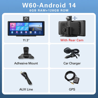 W60 11.3'' 8 Núcleos Android 14 6+128GB Player Multimídia Carplay&Android Auto WiFi 5G Google Play Youtube Netflix Atualização OTA