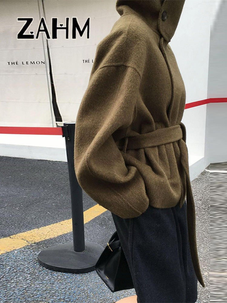 Woolen Solid Women Coat Fashion Belt Patchwork Lace Up Full Sleeve Lapel Lady Jacket 2025 Autumn Winter Female Loose Streetwear