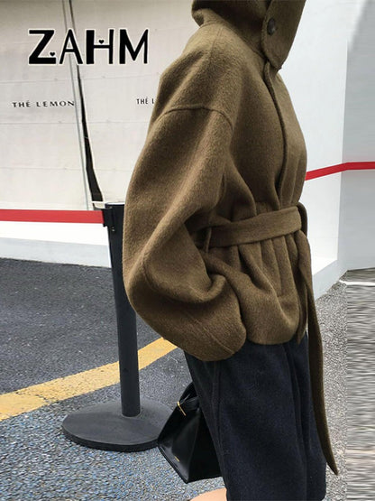 Woolen Solid Women Coat Fashion Belt Patchwork Lace Up Full Sleeve Lapel Lady Jacket 2025 Autumn Winter Female Loose Streetwear