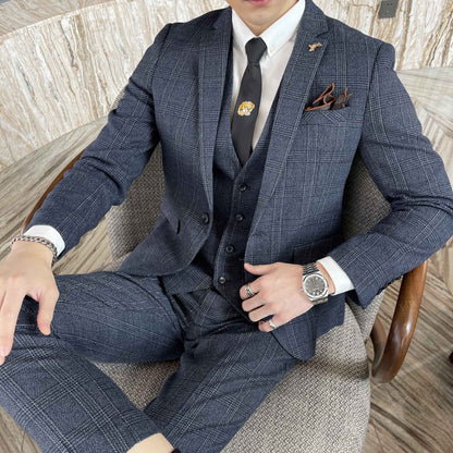 British Korean Style High Quality Modified Plaid Three-Piece Suit for Men - Stylish Business Casual Suit Vest And Trousers Set
