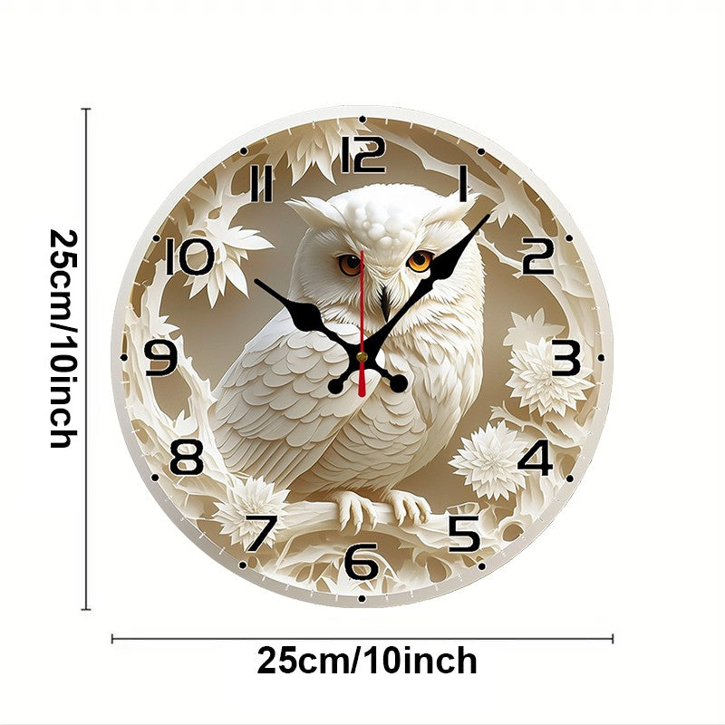 White Owl Wooden Round Silent Hanging Wall Clock, Suitable For Living Room, Office, Study Room, Bedroom, Home Decoration