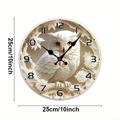 White Owl Wooden Round Silent Hanging Wall Clock, Suitable For Living Room, Office, Study Room, Bedroom, Home Decoration