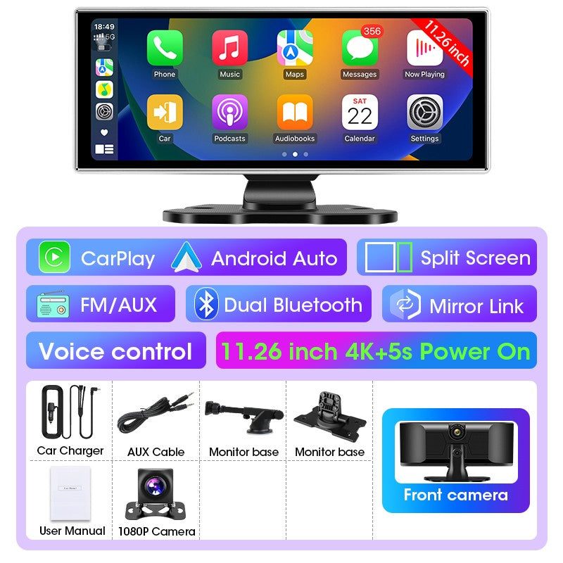 Câmera Veicular 10/11.26 polegadas 4K DVR Automotivo Sem Fio Carplay & Android Auto GPS Navegação Gravador de Vídeo Painel Dupla Lente Wifi FM AUX