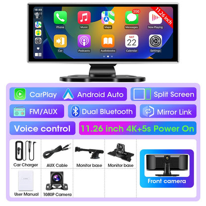 Câmera Veicular 10/11.26 polegadas 4K DVR Automotivo Sem Fio Carplay & Android Auto GPS Navegação Gravador de Vídeo Painel Dupla Lente Wifi FM AUX