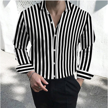 Men's formal shirt button lapel shirt black and white red long sleeve striped collar wedding work clothing large size 5XL