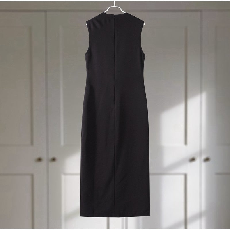 Elegant Midi Dress Woman O-neck Single Breasted Sleeveless Pocket Dresses Female