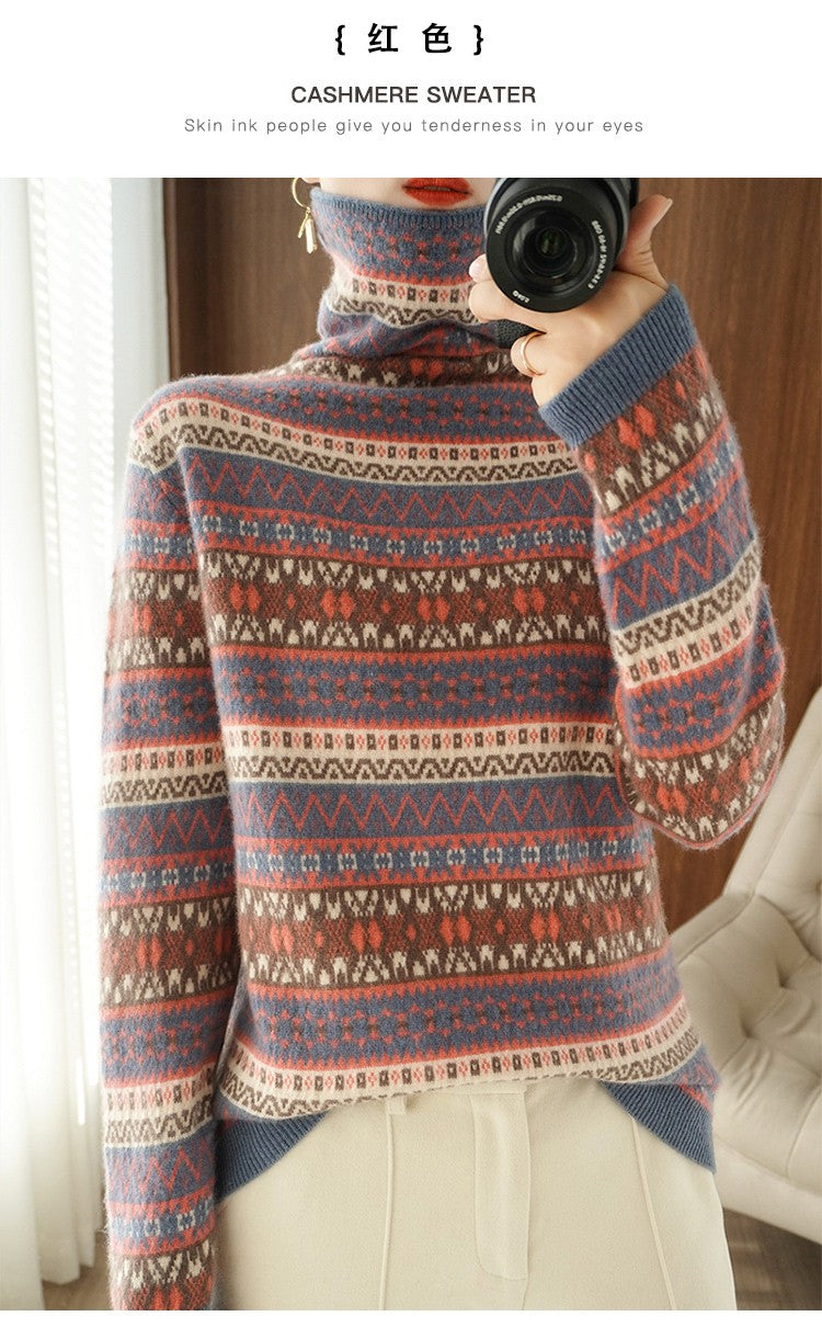Autumn and Winter New 100% Wool Cashmere Sweater Women's High Neck Pullover Casual Knitted Loose Korean Fashion Color Block Top