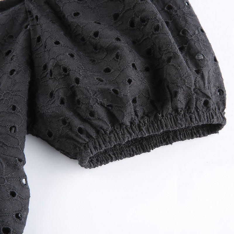 V Neck Ruffles Pleated Dress Women Puff Sleeve Chic Black Summer Dress 2025 Part