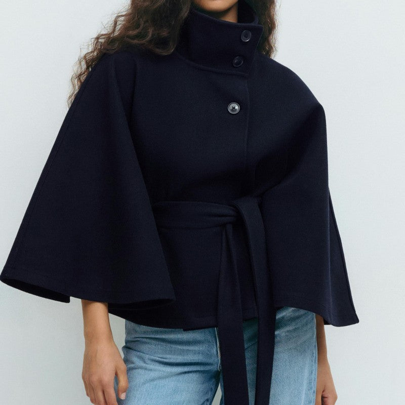 chic vintage cape jacket with belt stand neck single breasted loose coat loose flare sleeve coats early lady autumn Y2K outwears