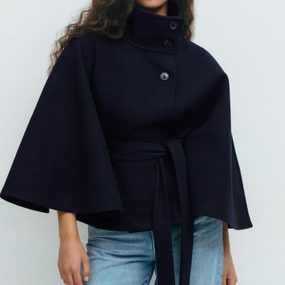 chic vintage cape jacket with belt stand neck single breasted loose coat loose flare sleeve coats early lady autumn Y2K outwears