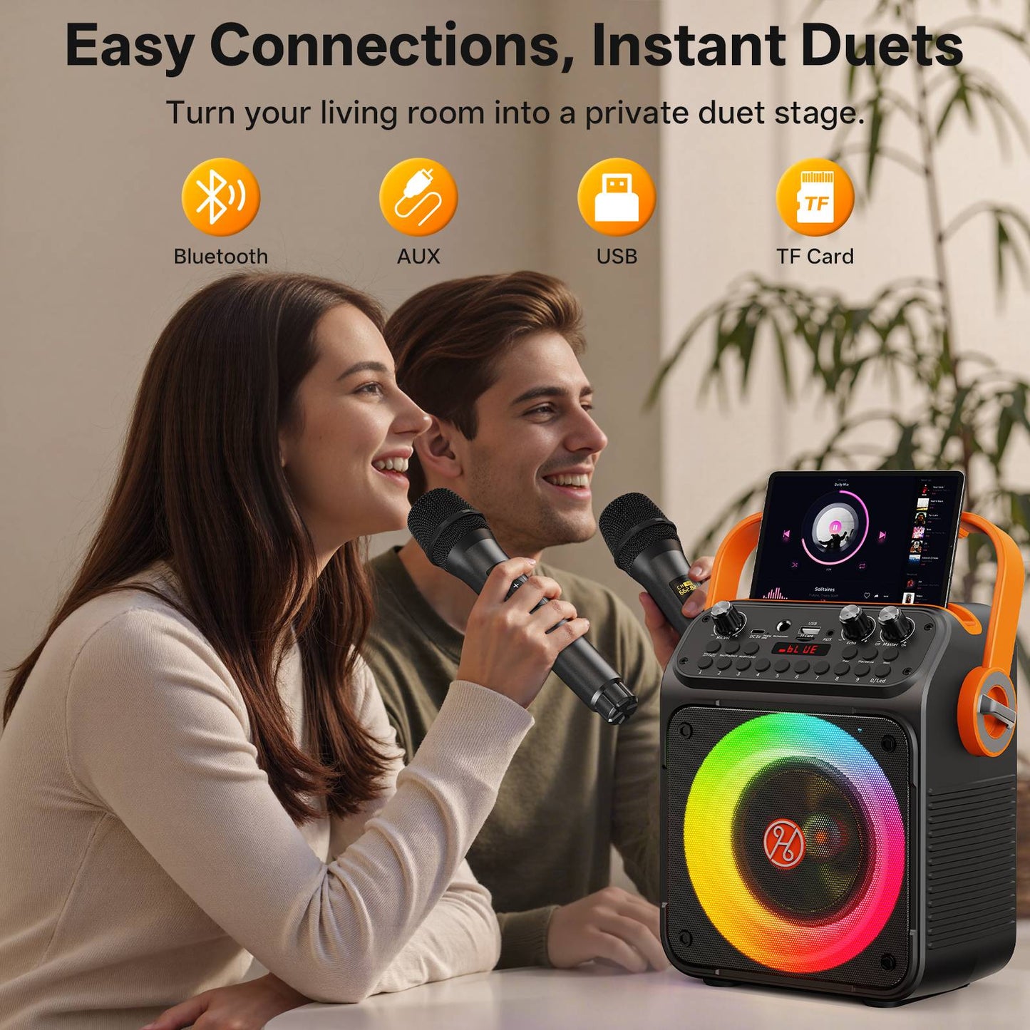Caixa de Som Karaokê Bluetooth de Alta Potência T35, Luz Rítmica Musical, Som Estéreo Surround 360 Graus, Subwoofer Sem Fio com Microfone Duplo