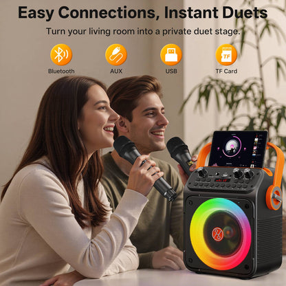 Caixa de Som Karaokê Bluetooth de Alta Potência T35, Luz Rítmica Musical, Som Estéreo Surround 360 Graus, Subwoofer Sem Fio com Microfone Duplo