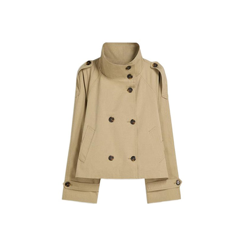 Belted Waist Cropped Trench Double Breasted Stand Collar 2025 Autumn Chic Elegant Women Coat Casual Vintage Office Lady Jacket