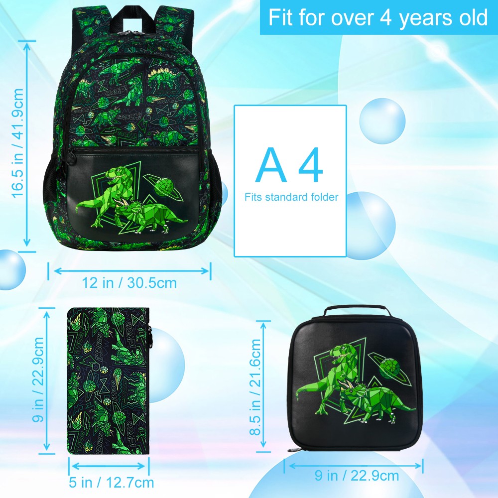 Mochila de Dinossauro 3 Peças para meninos, Conjunto de Mochilas Infantis de 42 cm para Ensino Fundamental, Pré-escola e Jardim de Infância, Mochila Escolar com Lancheira
