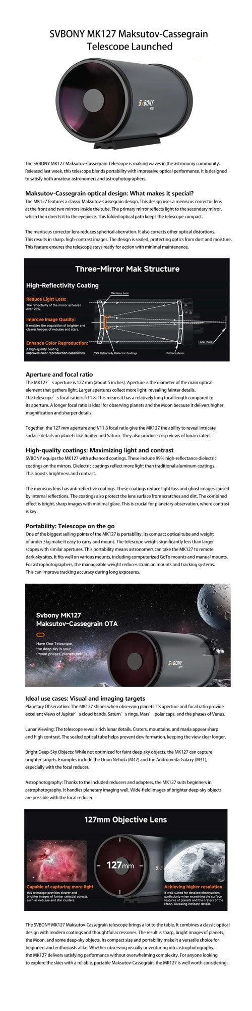 Svbony MK127 Maksutov Cassegrain Telescope OTA 127mm f/11.8 Portable Grab-and-Go Design for Lunar Planetary Nebula Observation