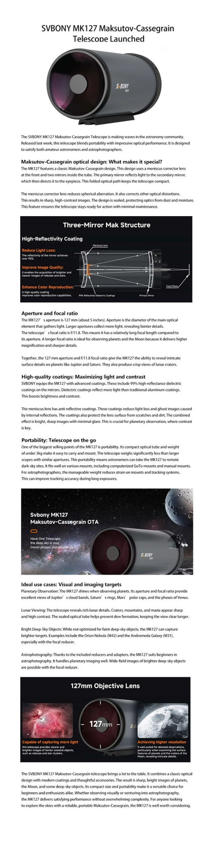 Svbony MK127 Maksutov Cassegrain Telescope OTA 127mm f/11.8 Portable Grab-and-Go Design for Lunar Planetary Nebula Observation