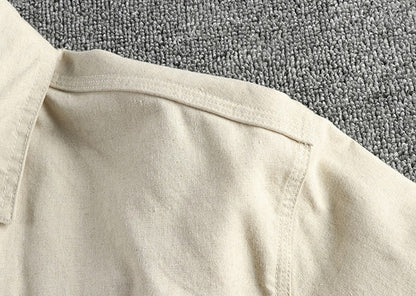 2025 Spring New Japanese Retro Long Sleeve Lapel Cotton and Linen Cargo Shirt Men's Simple Single Pocket Casual Loose Blouses