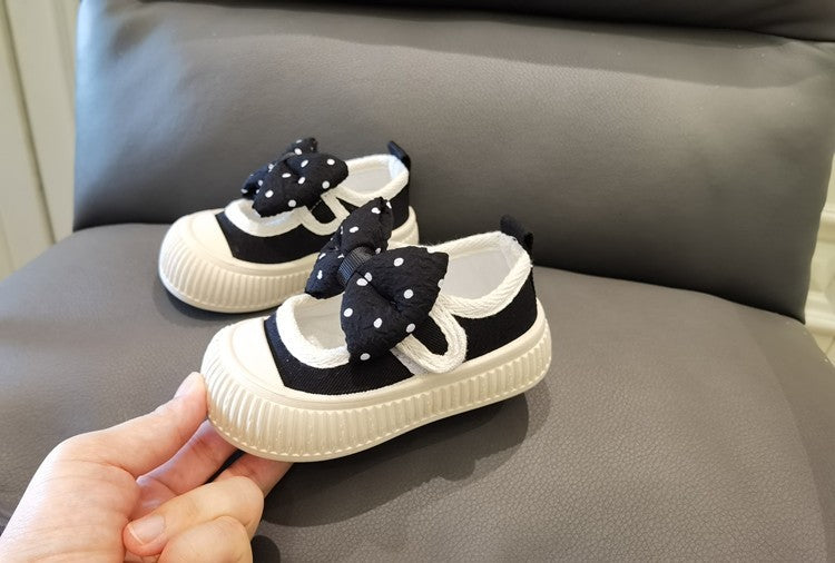 Girls Fashion Shoes Canvas Sneaker Kids Polka Dot Bow Princess Flats Breathable Baby Shoes Student Soft Sole Casual Spring Shoes