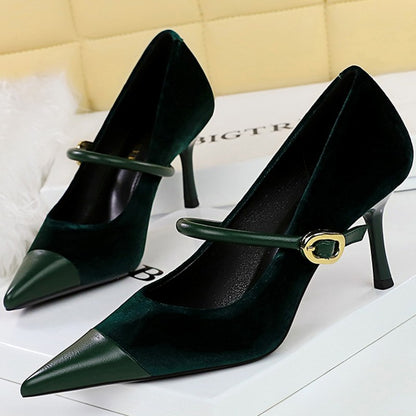 Korean Version Party 10cm 7cm High Heels Women Shoes Thin Heels Velvet Shallow Montage Pointed Toe Metal One-line Buckle Pumps