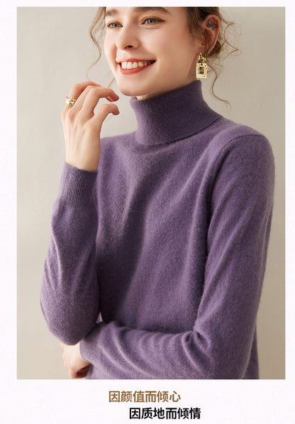 Suéter de Cashmere Feminino Gola Alta Manga Comprida Pulôver de Malha 100% Cashmere Puro Suéter Básico Versão Coreana Top Feminino