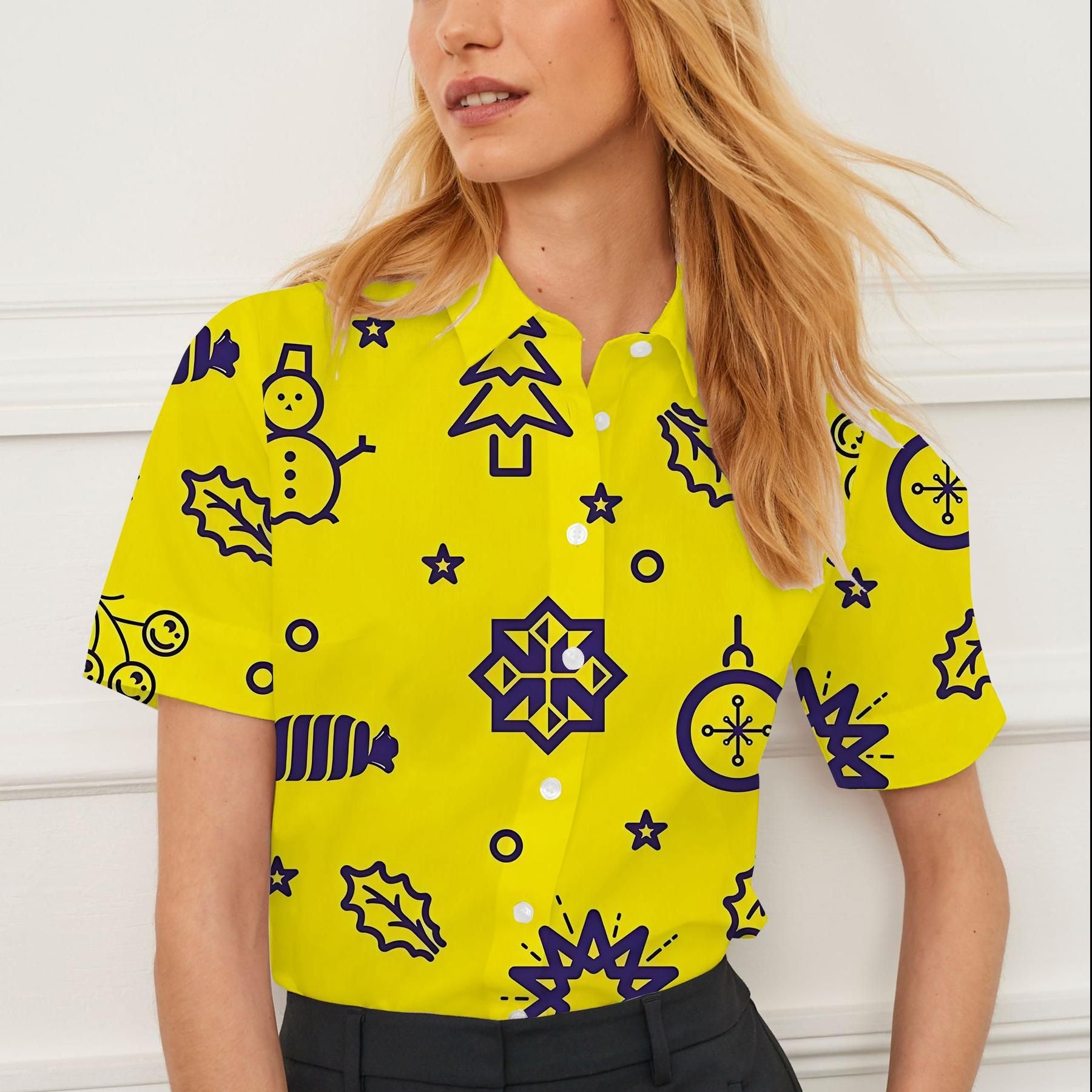 Shirt summer casual short-sleeved lapel Christmas element pattern women's tops personality fashion women's clothing