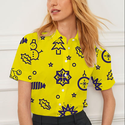 Shirt summer casual short-sleeved lapel Christmas element pattern women's tops personality fashion women's clothing