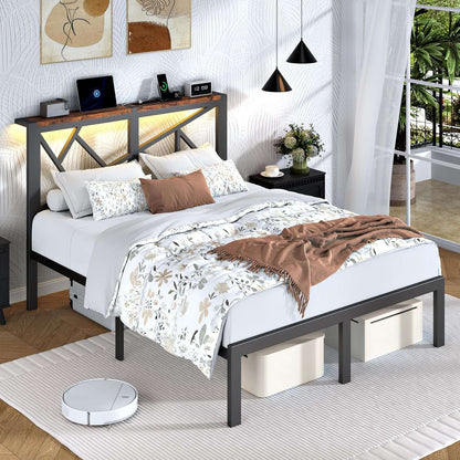 Full Size Metal Bed Frame with LED Lights, Storage Headboard with Charging Station, Modern Full Platform Bed with Heavy