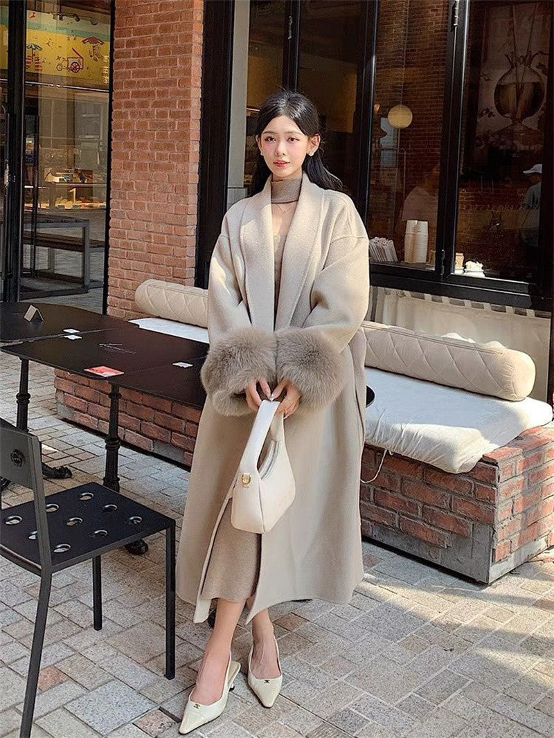 Korean Style Temperament Fur Collar Fashion Women's Coat Medium To Long Simple Casual Woolen Coat Slimming Versatile Woolen Coat