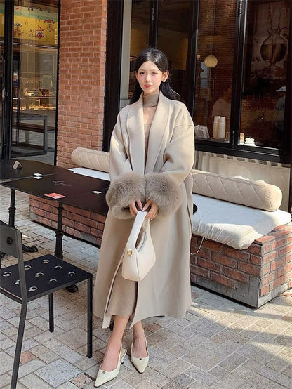 Korean Style Temperament Fur Collar Fashion Women's Coat Medium To Long Simple Casual Woolen Coat Slimming Versatile Woolen Coat