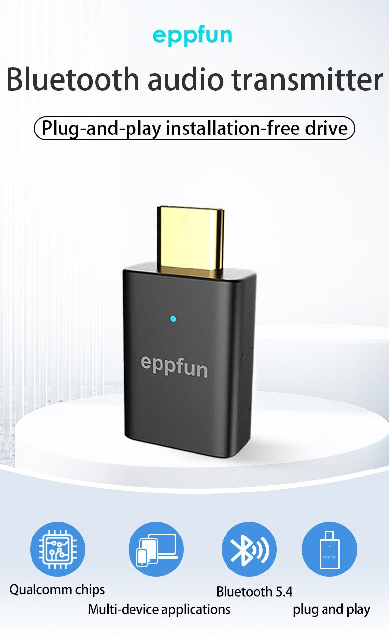 eppfun LE Audio LC3 Bluetooth5.4 Audio Transmitter aptX-LL/HD Type-c Wireless Stereo Music Adapter with Auracast for PC TV PS4/5