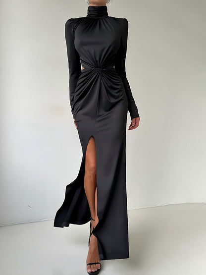 Mozision Turtleneck Backless Sexy Maxi Dress Women Gown Autumn Winter Elegant Long Sleeve Thigh High Split Club Party Long Dress