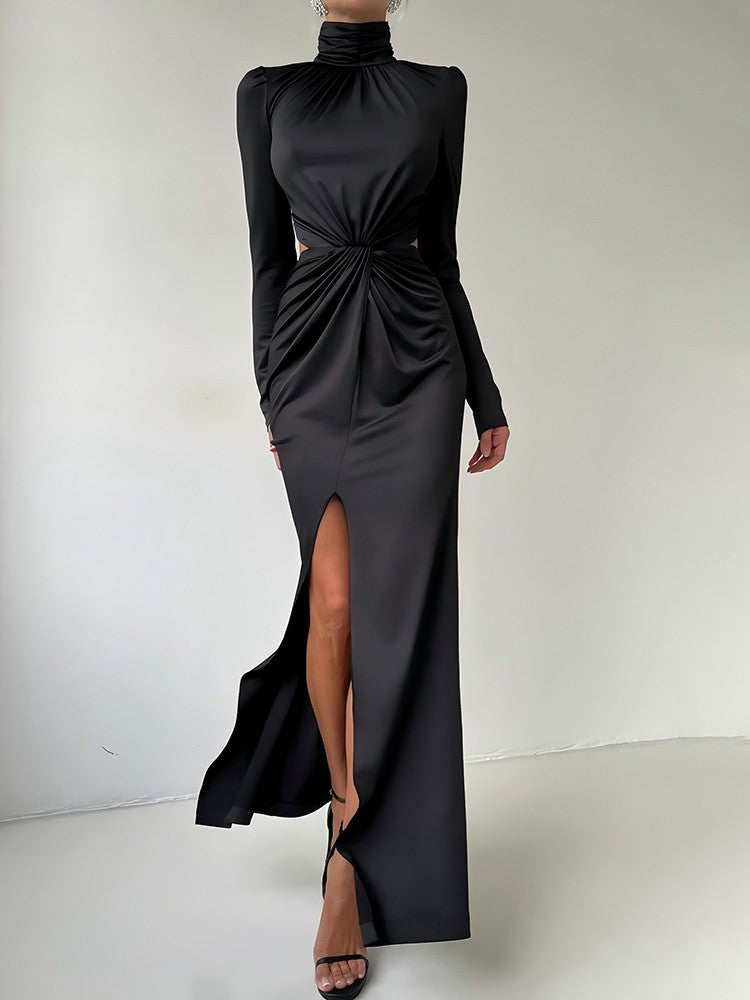Mozision Turtleneck Backless Sexy Maxi Dress Women Gown Autumn Winter Elegant Long Sleeve Thigh High Split Club Party Long Dress