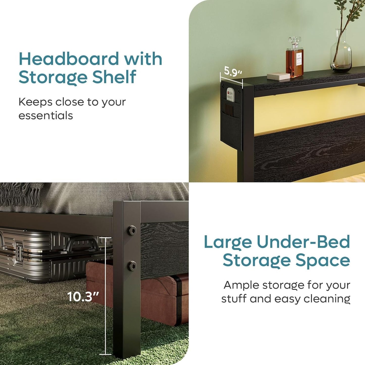 Cama de Casal Completa com Cabeceira de Armazenamento e Estação de Carregamento, Cama de Plataforma Preta com Luz LED, Cama de Metal Antiderrapante