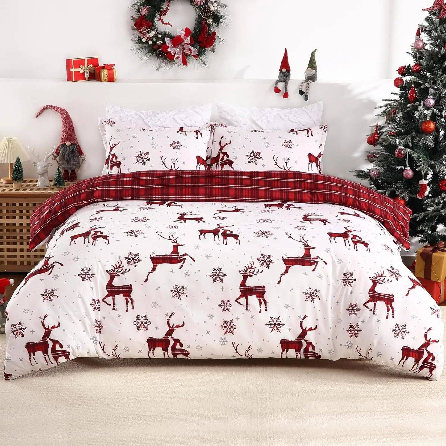 Merry Christmas Duvet Cover Christmas Elk Snowflakes Red Bedding Set Happy New Year Quilt Cover Holiday Gifts Bedroom Decoration
