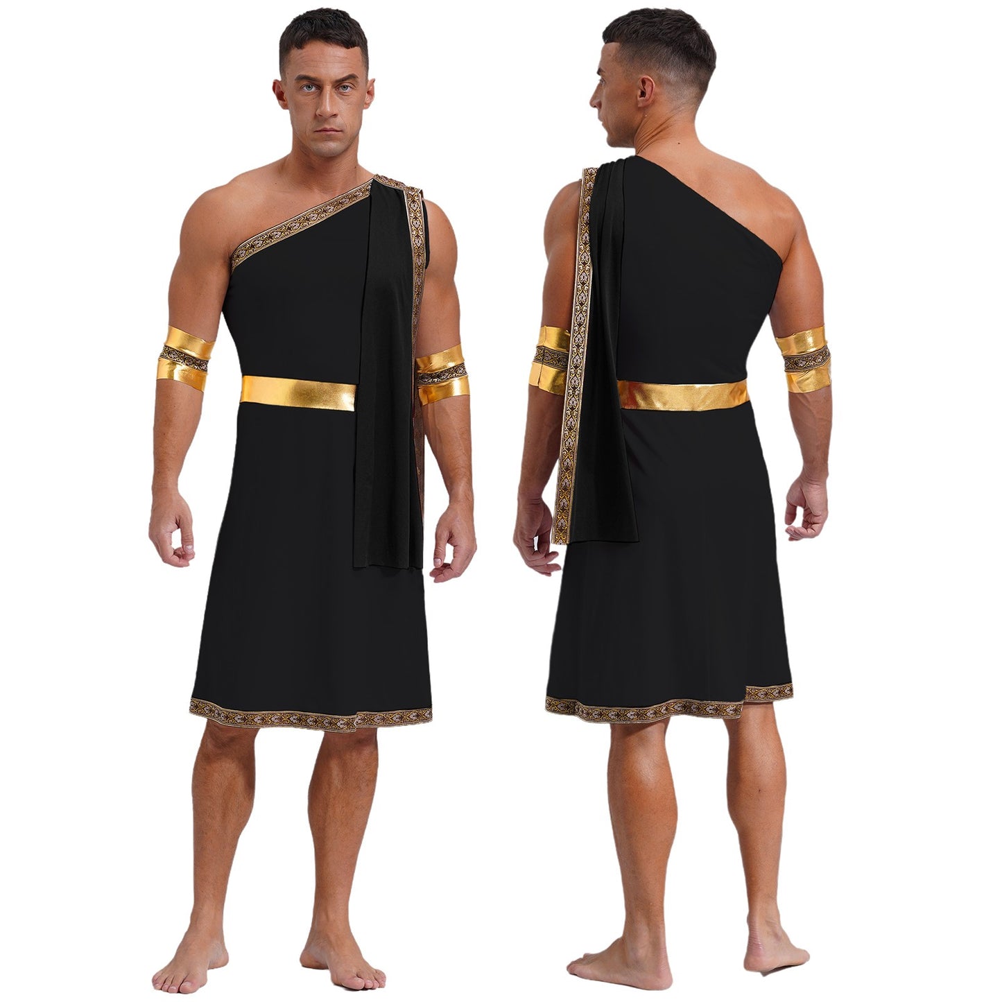 Mens Ancient Greek Toga Roman King Prince Cosplay Costume Halloween One Shoulder Embroidered Robe Dress Theme Party Outfits