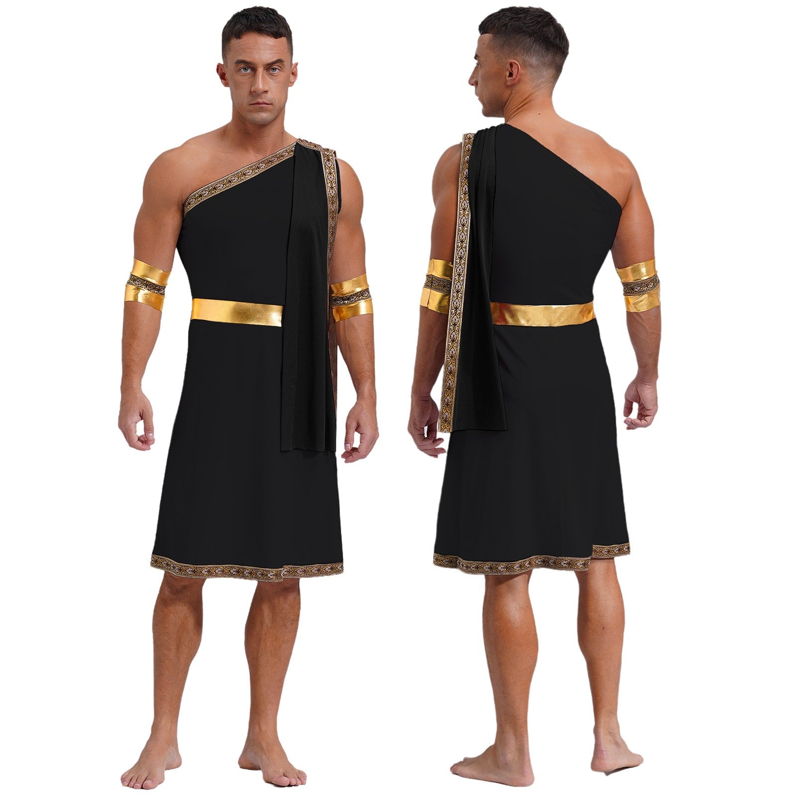 Mens Ancient Greek Toga Roman King Prince Cosplay Costume Halloween One Shoulder Embroidered Robe Dress Theme Party Outfits