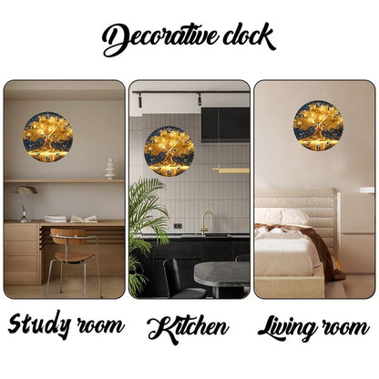 Golden Life Tree Wooden Round Silent Hanging Wall Clock, Suitable For Living Room, Office, Study Room, Bedroom, Home Decoration