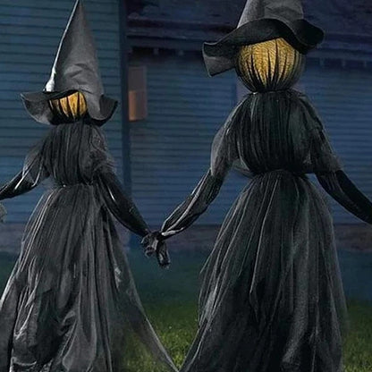 Light-Up Witches with Stakes Halloween Decorations Outdoor Holding Hands Screaming Witches Sound Activated Sensor Decor