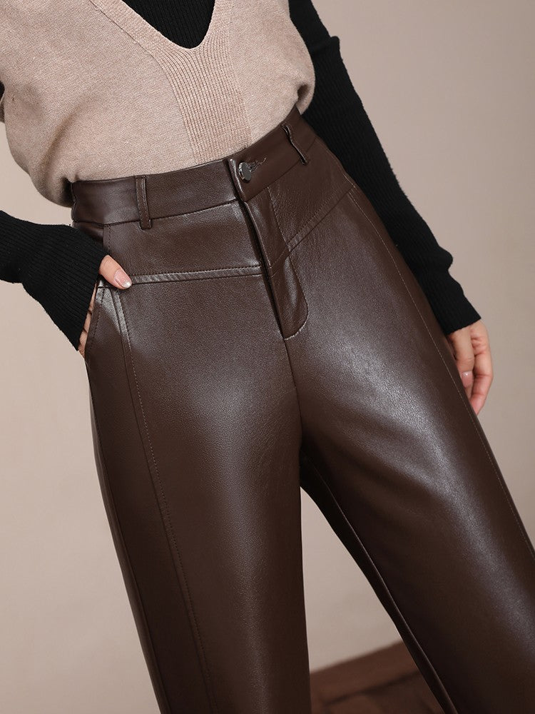 ZUZK Winter Pu Leather Pants New Elastic Waist Straight Pants PU Leather Trousers Large Size Fashion Warm Long Pants
