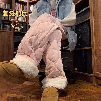 Heavy Winter Cotton Waterproof Splicing Lamb Fleece Cotton Pants for Men and Women, Solid Color Diamond Grid Embroidered Clip Co